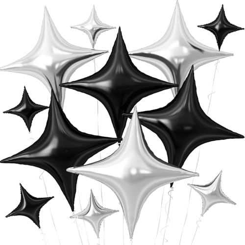 Image of Black Silver Star Balloons,12Pcs Four Angle Star Foil Balloons | 26Inch and 10Inch Black Silver Quadrangle Star Helium Balloon for Birthday Baby Shower Wedding Party Decorations