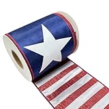 Meseey 10 Yards 4 Inch Patriotic Double Sided Wired Ribbon - Navy Star &Amp; White Red Glitter Stripe Fourth Of July Memorial Day Decorative Ribbon For Wreaths, Bows, Crafts, Gift Wrapping
