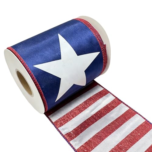 Meseey 10 Yards 4 Inch Patriotic Double Sided Wired Ribbon - Navy Star & White Red Glitter Stripe Fourth of July Memorial Day Decorative Ribbon for Wreaths Bows Crafts Gift Wrapping