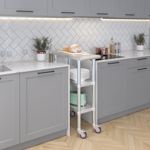 Image of AmGood Stainless Steel Work Table with 2 Shelves and Casters | Metal Utility Table On Wheels (Stainless Steel Work Table with 2 Shelves + Casters, 12 inch Long x 30 inch Deep)