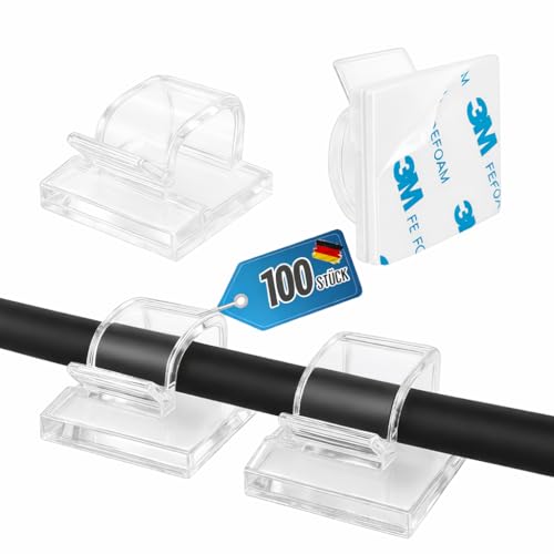 BÄRG-PETAR Selbstklebende Kabelclips 100 Stück Kabelhalter & Kabelmanagement Clips Stark haftender 3M Kleber für USB HDMI Ladekabel Büro Auto & Zuhause