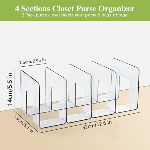 Image of Purse Organizer for Closet, Acrylic Clear Purse Storage Organizers, 2 PCS Different Size Handbag Divider Holder, 4 Sections Purse Shelf for Closet Organization