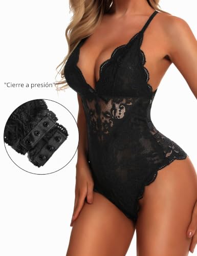 Miniatura 2 de Aranmei Body Sexy Con Entrepierna A Presión Para Mujer, Lencería De Encaje De Una Pieza, Negro, M