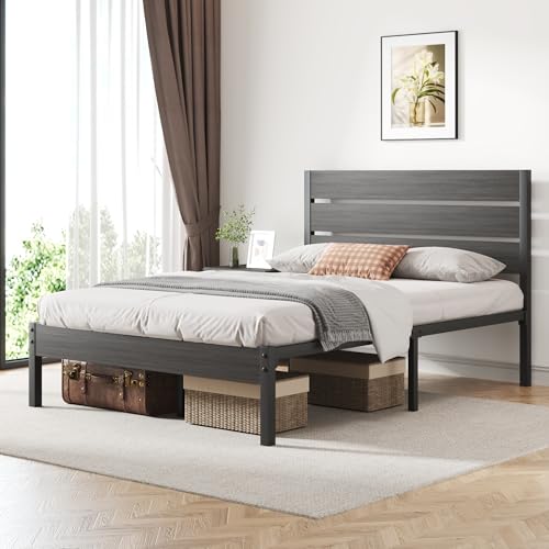 Image of Fluest Full Bed Frame with Headboard and Footboard, Metal Platform Bed Frame with Under Bed Storage, All-Metal Support System, No Box Spring Needed, Easy Assembly,Rustic Grey