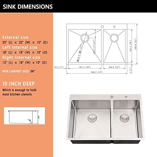 33 Inch Drop In Double Bowl Kitchen Sink Stainless Steel-Hachenl 33×22 Top Mount Kitchen Sink 16 Gauge Stainless Steel Kitchen Sink 60/40 Double Bowl Kitchen Sink With Accessories #TOP4