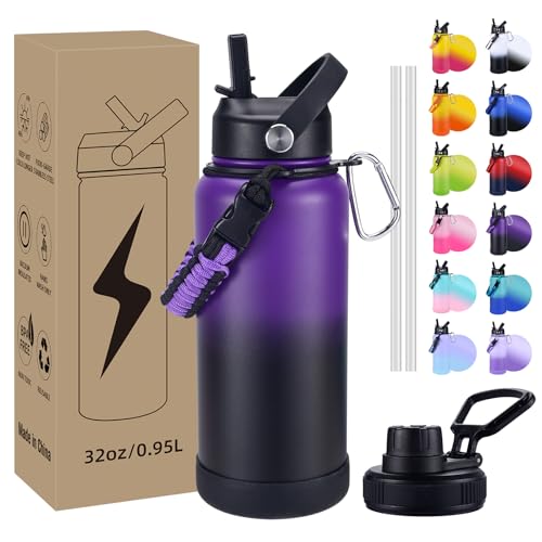CoolSub Insulated Water Bottle, 32 oz Stainless Steel Wide Mouth Water Bottles with 2 Leak Proof Lid and Paracord Handle, Double Wall Vacuum Insulated Sports Water Bottle, Purple Black