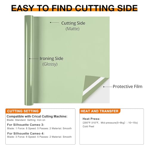 Image of HTVRONT Heat Transfer Vinyl Roll - 12 inch x 8ft Green HTV Vinyl for Shirts, Iron on Vinyl Compatible with Cricut Cutting Machine - Easy to Cut & Weed for Heat Transfer Design (Khaki Green)