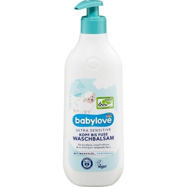 Babylove Ultra Sensitive Waschbalsam Kopf bis Fuß für Babys, Mit Mandelöl, Parfümfrei, Von Geburt an 500 ml