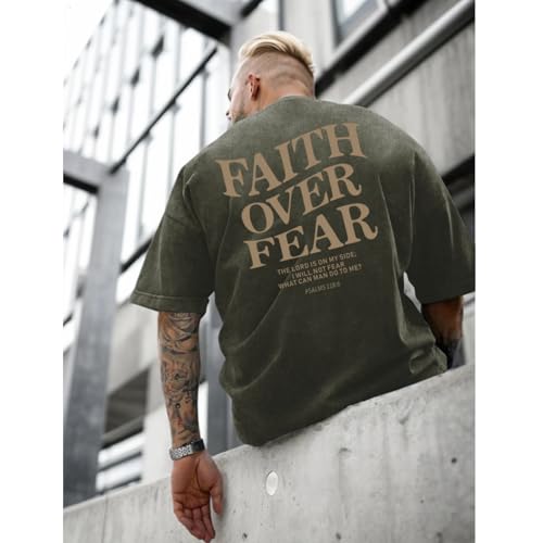 Image of Christian Faith Over Fear Shirt for Men Jesus Religious Shirts Oversized Graphic Tees Acid Wash God T-Shirt