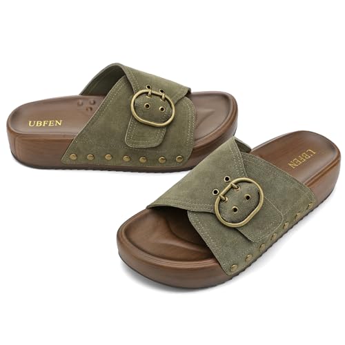 Image of UBFEN Womens Platform Slide Sandals | Real Leather,Buckle Sandals with Cushioned Flatform Footbed,Comfortable for Walking,Arch Support,Casual Styling