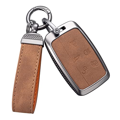 YO&YOYE Compatible with Land Rover Key Fob Cover with Keychain Leather Key Case Protector for Range Rover Evoque Sport Velar Land Rover Discovery Jaguar F-Pace F-Type XE XEL XF XFL XJ (Model1 Brown)
