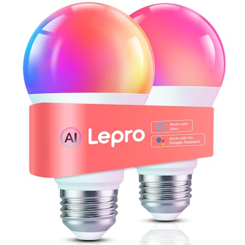 Lepro B1 AI Smart Light Bulbs - WiFi & Bluetooth RGBWW Color Changing LED Bulb Works with Alexa & Google Assistant, Personalized Al Lighting Designer, AI Voice Control, Music Sync, 2.4GHz Only, 2 Pack