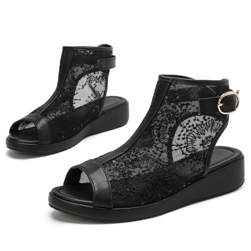 getmorebeauty Sandalias de cuña de malla de encaje floral para mujer, puntera abierta, hebilla al tobillo, suela suave, zapatos casuales de verano, Negro, 39 EU
