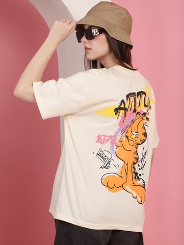 Image of Preneum Women's Cotton Cool Graphic Printed Baggy Fit Drop-Shoulder Sleeves Cotton Oversized T-Shirt