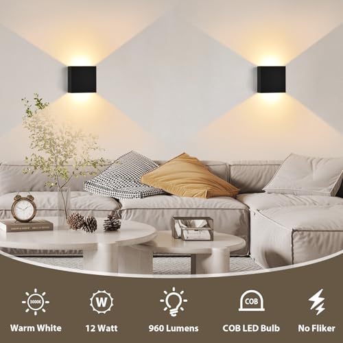 KYOTECH Lampara de Pared LED 12W Interior Exterior Impermeable IP65, Arriba Abajo Apliques de Pared Modernos de Aluminio para Dormitorio Pasillo Jardín, Blanco CáLido 3000K, Negro (2 Uds) - imagen 3