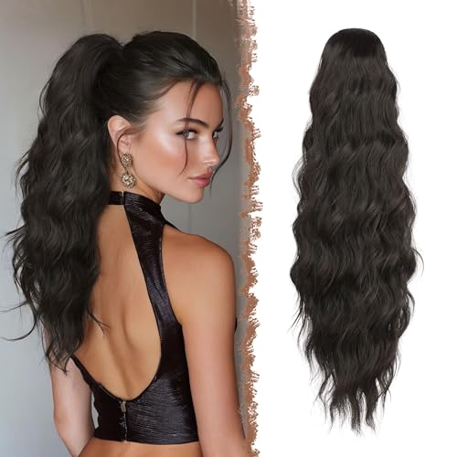 FESHFEN Coda Capelli Extension Ondulati Lunghe, Coda Finta Capelli con Pettine Sintetici Posticci Ponytail Ricci Onda Coda di Cavallo Extensions per Donne, 60 cm Negro Natural
