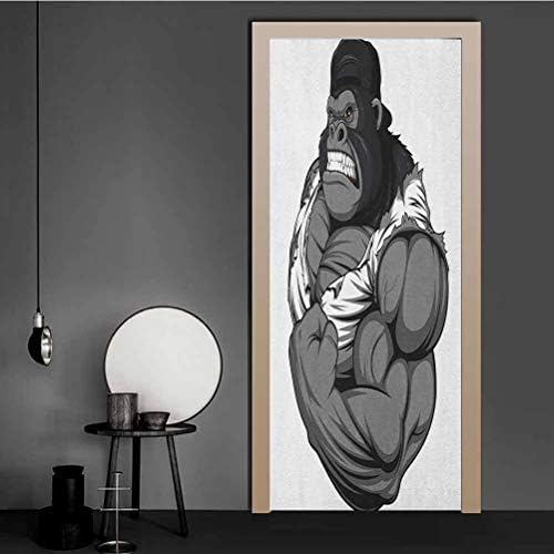 Cartoon Mural Wallpaper Image of Big Gorilla Like as Professional Athlete Bodybuilding Gym Animal 3D Door Wall Mural Black White Grey for Bedroom House Door Living Office | 23.6" x 79"