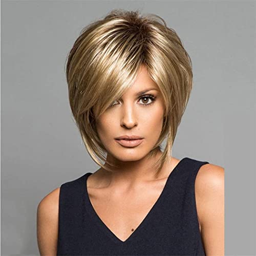 AIYLMZ Ladies Brown Short Fluffy Nature Side Part Wigs Blonde Short Straight Wigs for Women Hair Heat Resistant Full Wigs Short Layer Nature Hair (Gradient Blonde)