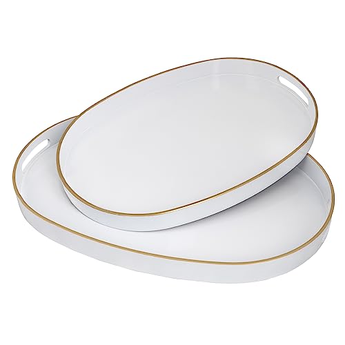 MAONAME White Serving Trays with Handles, Oval Decorative Trays for Coffee Table, Nesting Tray Set of 2, Plastic Vanity Tray for Ottoman, Living Room