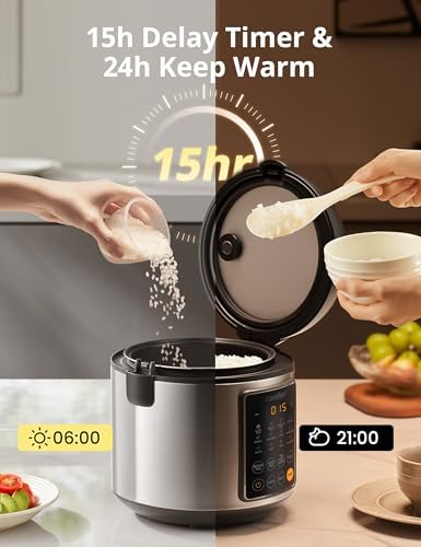 Safety illustration showing the rice cooker on a stable kitchen counter, with the steam vent clearly visible and the cord placed safely away from the edge.