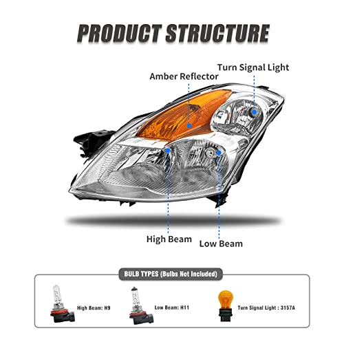 Adcarlights Headlight Assembly Compatible With 2007-2009 Nissan Altima 4Dr Sedan Clear Lens Chrome Housing With Amber Reflector Headlamp Replacement Left And Right #TOP1