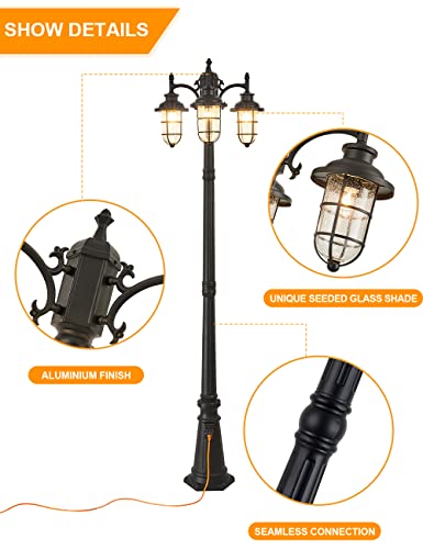 Cmrcozira Triple-Head Street Light With Outlet, Nautical Style Outdoor Post Light, Ip65 Outdoor Lamp Post Lights With Clear Seeded Glass, Outdoor Street Light Matte Black For Street, Garden, Driveway #TOP3