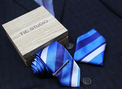 Image of TIE STUDIO Men's Necktie Pocket Square & Tie Pin Set | Standard | Jacquard Fabric | Superior Stitching | Wooden Box | Set of 1 |