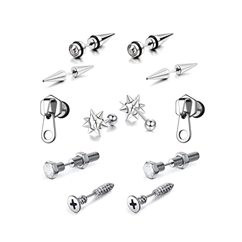 5 Pairs Punk Style Stainless Steel Black Tone Geometric Triangle Rivet Surgical Huggie Hoop Earrings Screw Nail Stud Earrings Gift for Men Women Teen