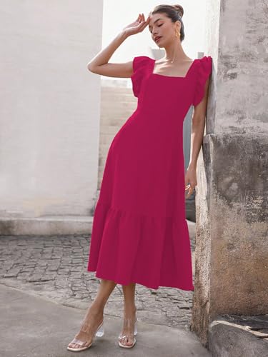 Image of Sugathari Girl's & Women's Solid Color Square Neck, Ruffle-Trimmed Hem Sleeveless, Ruffle Armhole and Casual Dress with Cinched Waist Vacation Outfits Woman (Dress 176)