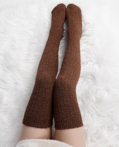 Image of Moon Wood Womens Thigh High Socks Long Soft Warm Leg Warmers Fuzzy Over Knee High Stockings Coral Fleece Plush Socks
