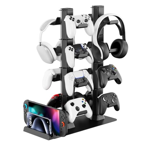 Headphone and Game Controller Desk Stand for PS5/ Xbox/ PS4 Controller, 4 Tiers Headset Hanger with Organizer for Switch 2/1/PS Portal Game Console, Multiple Controller Storage Dispay Rack-16 Hooks