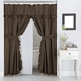 Castle Selection Double Swag Ruffled Fabric Shower Curtain Set, Intersected Leaves Pattern, PEVA Liner and Roller Rings (Brown)