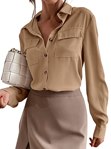 Gafeng Damen Button-Down-Chiffon-Hemden, elegant, lässig, langärmelig, breiter Kragen, Arbeit, Business-Top Blusen, braun, Mittel Cover