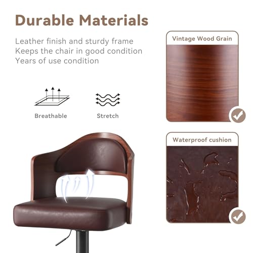 XICEN Bar Stools, 2PCS Wooden Upholstered PU Leather Barstools, with Back and Footrest, Seat Adjustable Height 24.5-33.5IN, Counter Height Bar Chairs for Kitchen Island (Brown) (Brown)