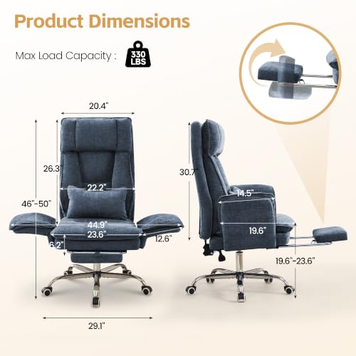 Image of HUBSON Big and Tall Office Chair, Footrest & Flip Armrest for Pets, Blue | Executive Ergonomic Criss Cross Chair, Reclining High Back Desk Chair, Chenille Swivel Computer Chair with Lumber Pillow