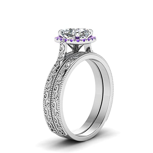 Image of Choose Your Gemstone Hand Engraved Halo Cushion Wedding Ring 925 Sterling Silver Cushion Shape Wedding Ring Sets Matching Jewelry Wedding Jewelry Easy to Wear Gifts US Size 4 to 12