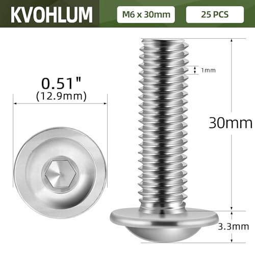 Image of M6-1.0 x 30mm 25 PCS Flanged Button Head Socket Cap Bolts Screws, Stainless Steel 304, Allen Socket Drive, Screwdriver Bit Included, Bright Finish, Fully Machine Thread