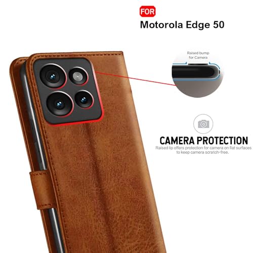 Image of TheGiftKart Flip Cover Back Case for Motorola Moto Edge 50 5G | Genuine Leather Finish | Designer Button | Inbuilt Pockets & Stand | Wallet Style Flip Case Cover for Moto Edge 50 (Faux Leather, Brown)