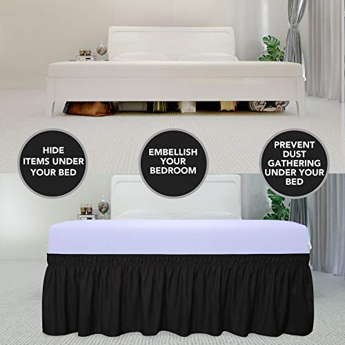 PureFit Wrap Around Ruffled Bed Skirt with Adjustable Elastic Belt - 14 Inch Drop Easy to Put On, Wrinkle Free Bedskirt Dust Ruffles, Bed Frame Cover for Queen, King and C-King Size Beds, Black