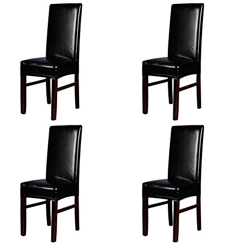 Jinzio Dining Chair Covers, Solid Pu Leather Waterproof Stretch Dining Chair Protctor Cover Slipcover (4, Black)