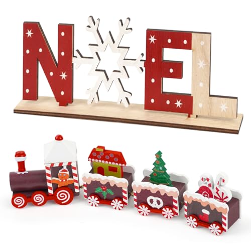 MorLuks 2PCS Décoration Noël, Petits Train de Noel en Bois avec Forme Arbre de Noël, Ornements Lettres en Bois avec Flocon de Neige, Créatif Cadeau Déco pour Table Noel Fête Nouvel an Maison Jardin