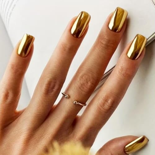 Gold Press on nails Metal Chrome Fake Nails Short Square False Nails Press ons Mirror Golden Acrylic Nails Glossy Luxurious Metal Glue Stick on Nail for Women Manicure 24pcs