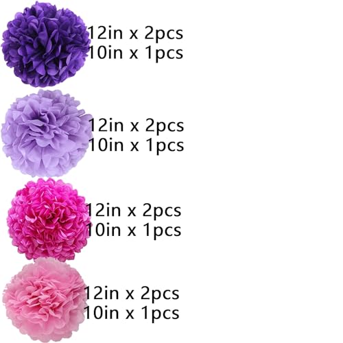 Image of We Moment Purple Pink Tissue Paper Pom Poms for Purple Pink Girl Party Decoration Ceiling Wall Hanging Tissue Pom Poms 12pcs 4 Colors Hot Pink Light Pink Deep Purple Light Purple of 12 Inch 10 Inch