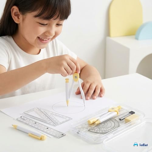 Image of FunBlast Rabbit Theme Compass Set - 7 Pcs Transparent Geometry Box with Protector, Set Squares, Ruler, Compasses, Ruler Set, Math Geometry Kit for Student & Professional (Yellow)