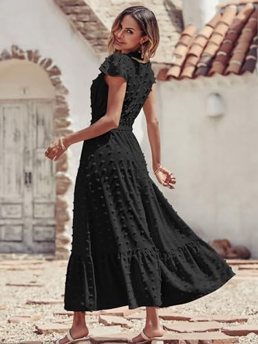 Image of PRETTYGARDEN Womens Dresses 2026 Summer Maxi Dress Boho Short Sleeve V Neck Swiss Dot Ruffle Tiered Smocked Flowy Long Dress