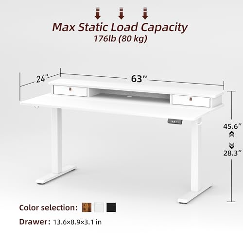 Image of TIQLAB Standing Desk with Two Drawers, Stand Up Standing Desk Adjustable Height, Electric Sit Stand Table with Storage Shelf and Splice Board, 63 * 24 inch, White
