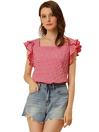 Allegra K Gingham Tops for Women Summer Ruffle Cap...