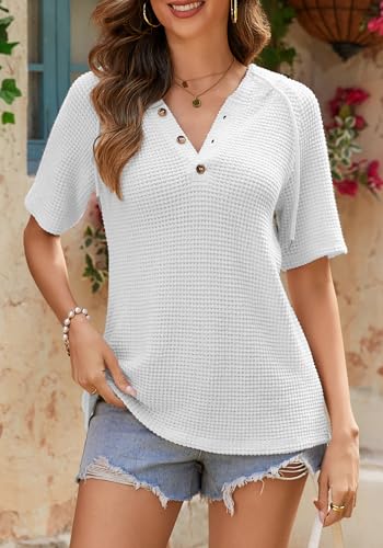 Dimur Womens Hooded Sweatshirt Waffle Knit Classic Long Sleeve Lightweight Pullover Tops Drawstring Hoodies Button V Neck Cute Blouses Shirts Spring Summer Fashion Clothes White — view 2