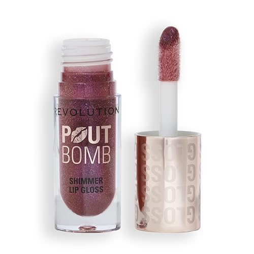 Revolution, Pout Bomb Shimmer Gloss, Brillo Labial con Efecto Mojado y Destellos, con Ácido Hialurónico y Aroma a Vainilla Dulce, Berry Lustre