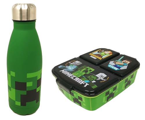 Theonoi Minecraft A - Fiambrera infantil con divisores/compartimentos y botella de agua